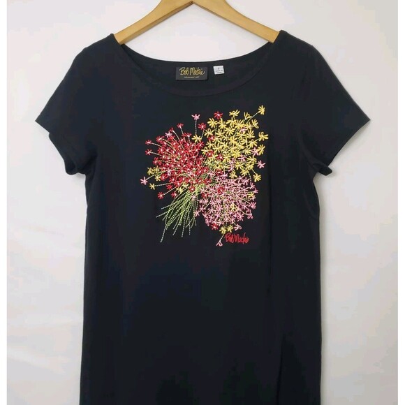 BOB MACKIE WEARABLE ART FLORAL EMBROIDERED SHORT-SLEEVE T-SHIRT DRESS SIZE SMALL - Picture 2 of 7